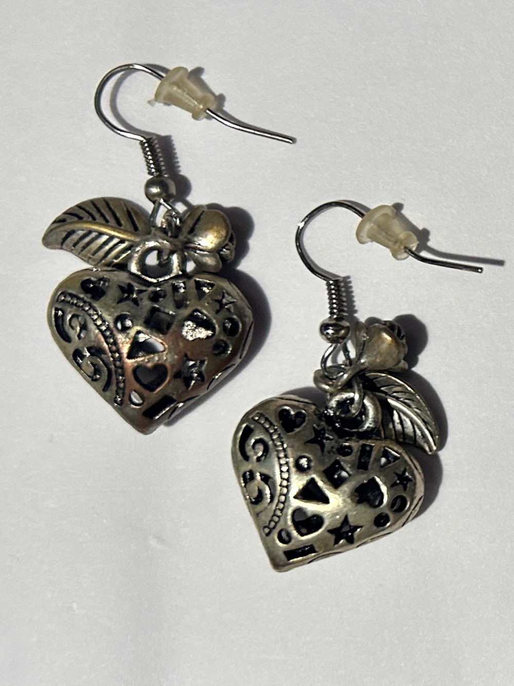 Silver Tone Filigree Heart Dangle Earrings with Leaf Charms